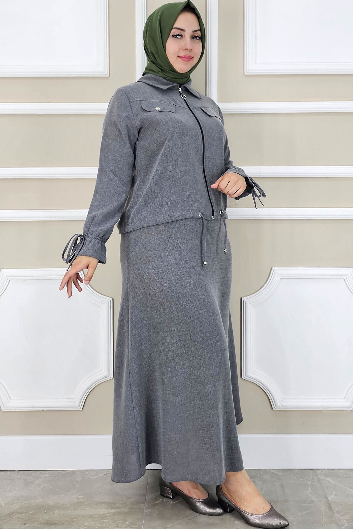 PYS KADIN MANŞETİ BAĞ İPLİ TESETTÜR TAKIM GRİ - 3 BEDEN