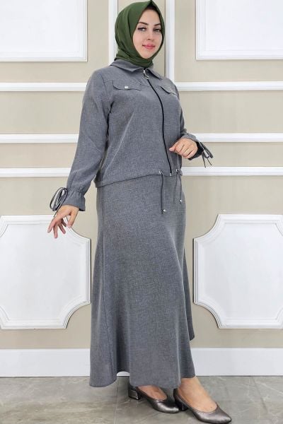 PYS KADIN MANŞETİ BAĞ İPLİ TESETTÜR TAKIM GRİ - 3 BEDEN