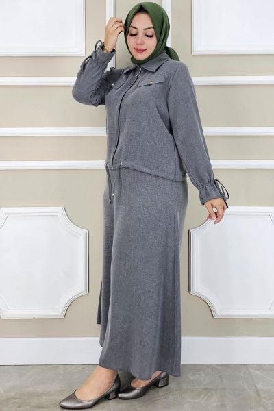 PYS KADIN MANŞETİ BAĞ İPLİ TESETTÜR TAKIM GRİ - 3 BEDEN