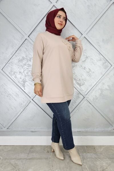 KADIN DİKME ÇİÇEK DETAYLI TESETTÜR TUNİK BEJ - 2XL