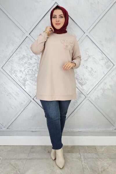 KADIN DİKME ÇİÇEK DETAYLI TESETTÜR TUNİK BEJ - 2XL
