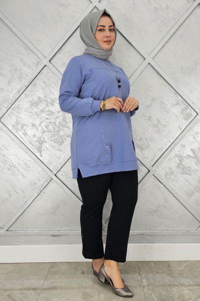 KADIN KOLYE DETAYLI TAŞLI TESETTÜR TUNİK MAVİ - 3XL