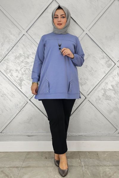 KADIN KOLYE DETAYLI TAŞLI TESETTÜR TUNİK MAVİ - 3XL