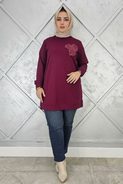 KADIN DİKME ÇİÇEK DETAYLI TESETTÜR TUNİK BORDO - L