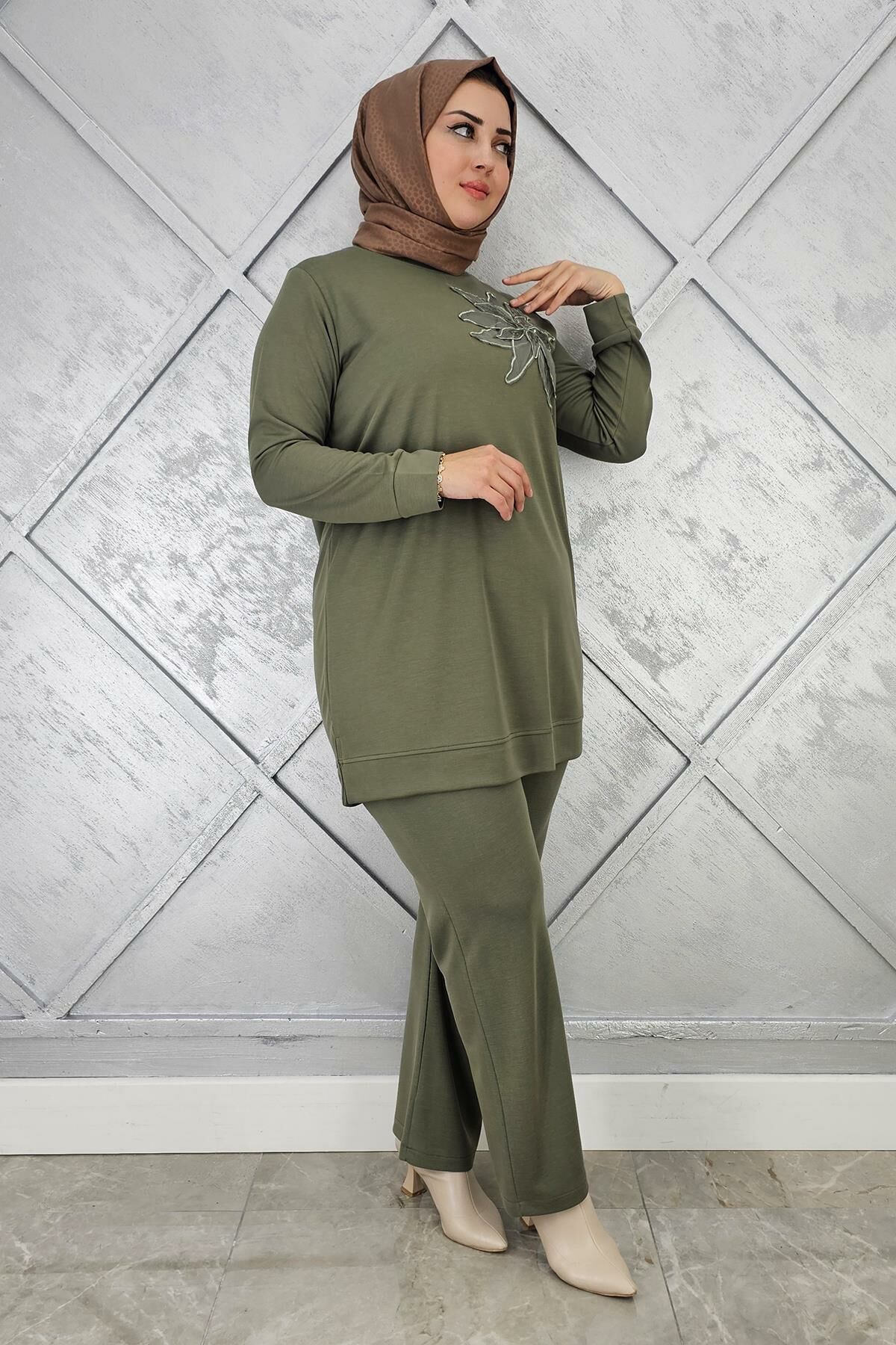 KADIN DİKME DETAYLI TESETTÜR TAKIM HAKİ - 5 BEDEN