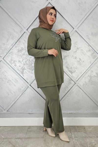 KADIN DİKME DETAYLI TESETTÜR TAKIM HAKİ - 5 BEDEN