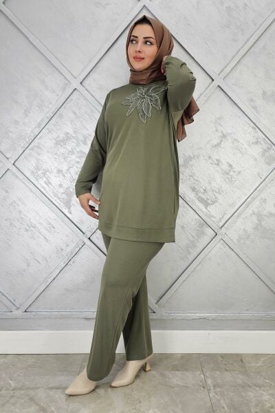 KADIN DİKME DETAYLI TESETTÜR TAKIM HAKİ - 5 BEDEN