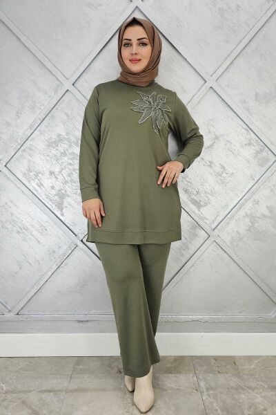 KADIN DİKME DETAYLI TESETTÜR TAKIM HAKİ - 5 BEDEN