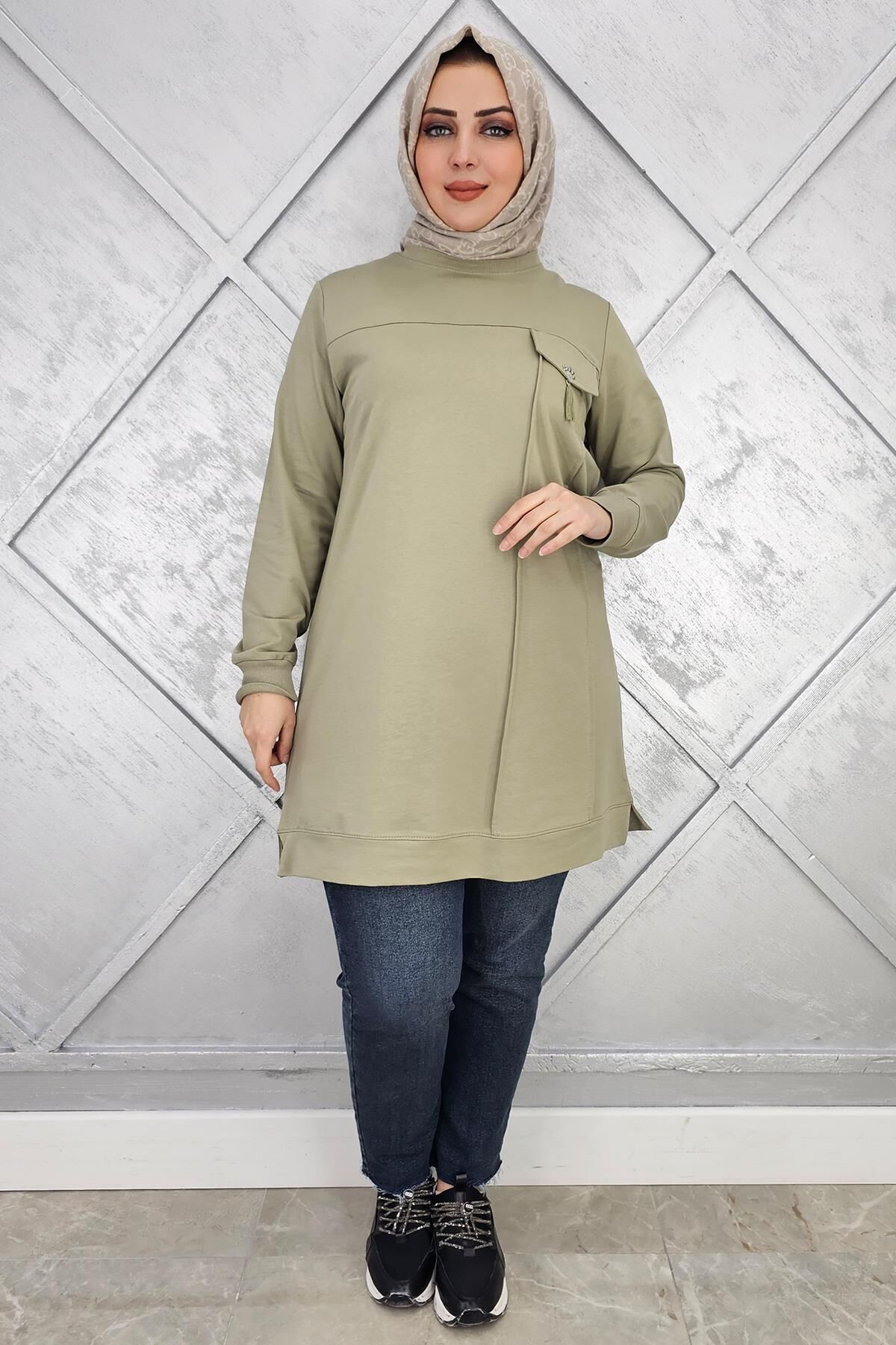KADIN CEBİ TAŞ VE PÜSKÜL AKSESUAR DETAYLI TESETTÜR TUNİK HAKİ - 2XL