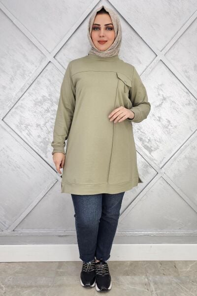KADIN CEBİ TAŞ VE PÜSKÜL AKSESUAR DETAYLI TESETTÜR TUNİK HAKİ - 2XL