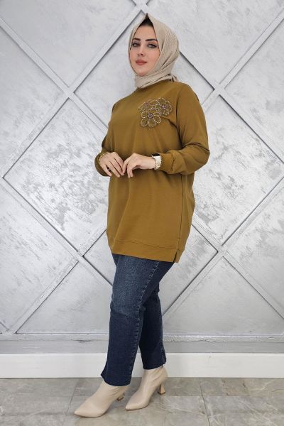 KADIN DİKME ÇİÇEK DETAYLI TESETTÜR TUNİK YAĞ YEŞİLİ - L