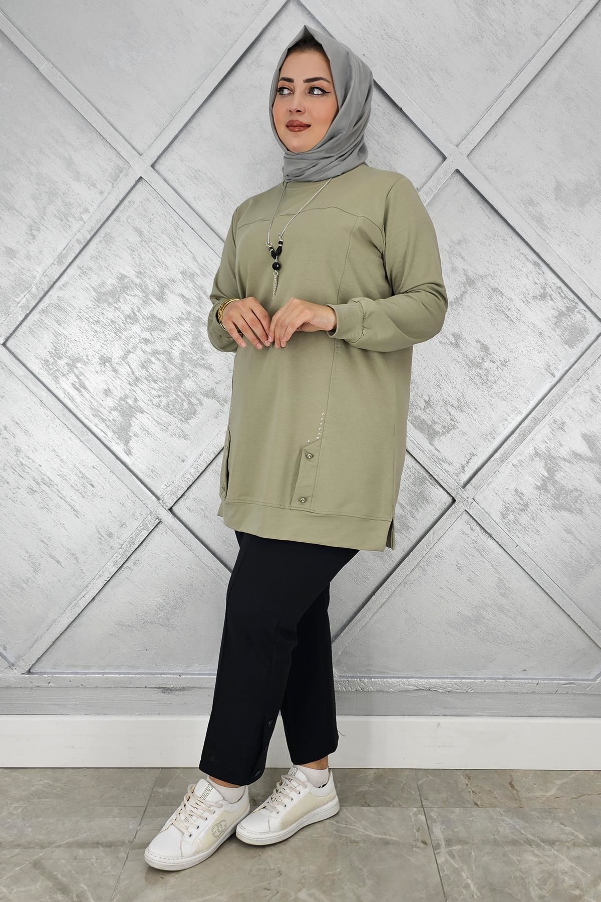 KADIN KOLYE DETAYLI TAŞLI TESETTÜR TUNİK MİNT YEŞİLİ - 2XL