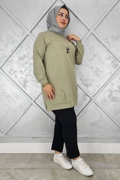 KADIN KOLYE DETAYLI TAŞLI TESETTÜR TUNİK MİNT YEŞİLİ - 2XL