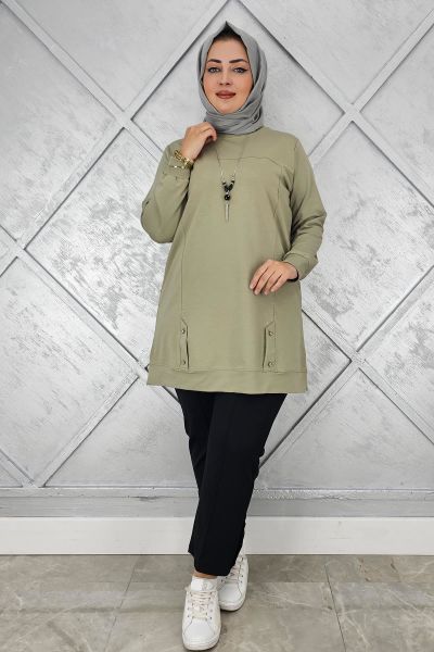 KADIN KOLYE DETAYLI TAŞLI TESETTÜR TUNİK MİNT YEŞİLİ - 2XL