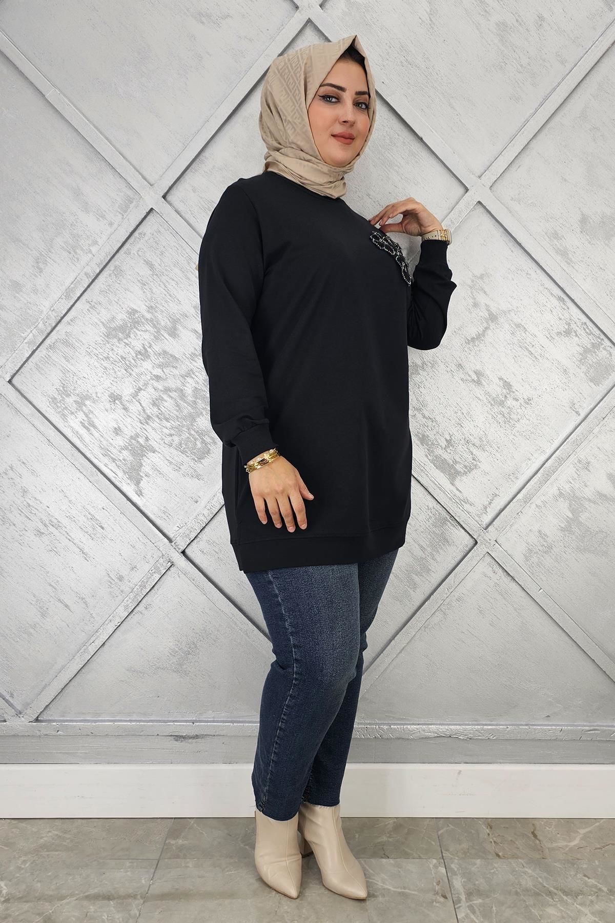 KADIN DİKME ÇİÇEK DETAYLI TESETTÜR TUNİK SİYAH - 2XL