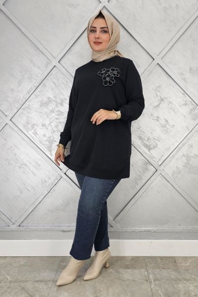KADIN DİKME ÇİÇEK DETAYLI TESETTÜR TUNİK SİYAH - 2XL