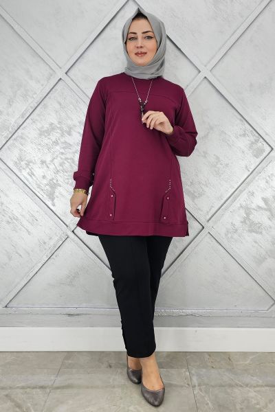 KADIN KOLYE DETAYLI TAŞLI TESETTÜR TUNİK BORDO - 2XL