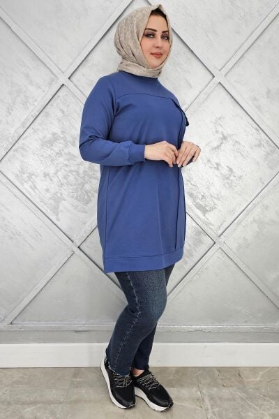 KADIN CEBİ TAŞ VE PÜSKÜL AKSESUAR DETAYLI TESETTÜR TUNİK İNDİGO - 3XL