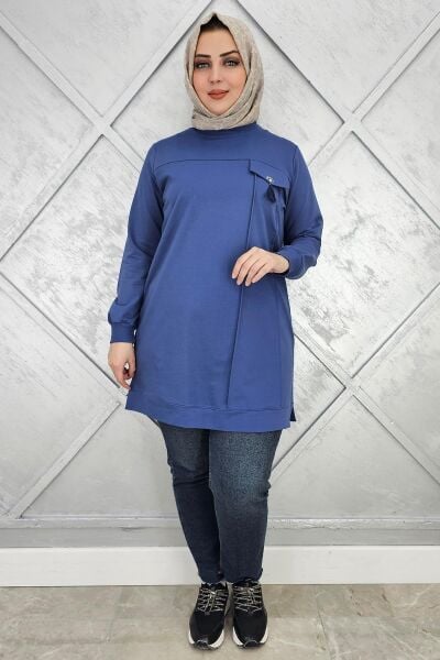 KADIN CEBİ TAŞ VE PÜSKÜL AKSESUAR DETAYLI TESETTÜR TUNİK İNDİGO - 3XL