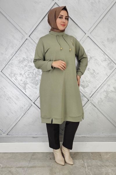 KADIN DİKME DETAYLI TESETTÜR TUNİK HAKİ - 2 BEDEN