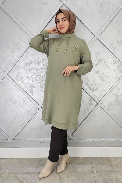 KADIN DİKME DETAYLI TESETTÜR TUNİK HAKİ - 2 BEDEN