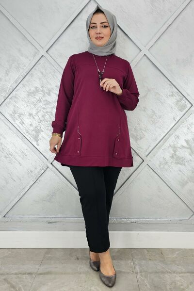 KADIN KOLYE DETAYLI TAŞLI TESETTÜR TUNİK BORDO - XL