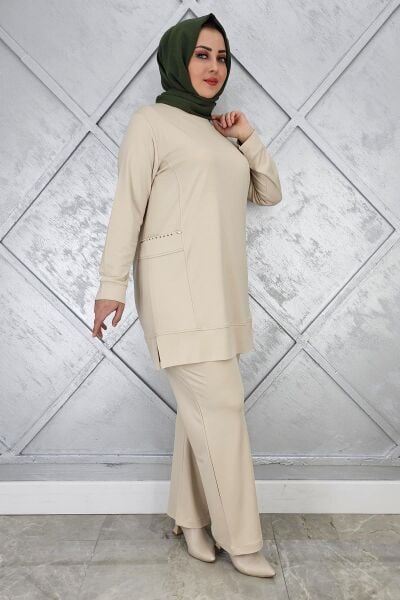 KADIN CEBİ TAŞ DETAYLI TESETTÜR TAKIM BEJ - 3XL
