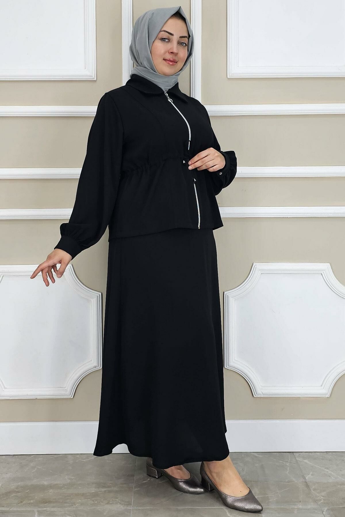 PYS KADIN FERMUARLI BAĞCIKLI TESETTÜR TAKIM SİYAH - 2 BEDEN