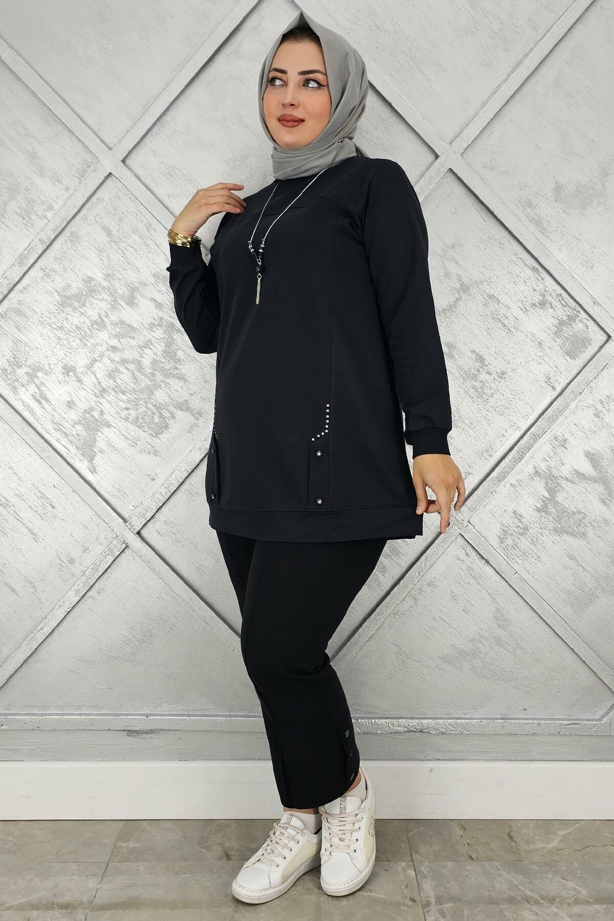 KADIN KOLYE DETAYLI TAŞLI TESETTÜR TUNİK SİYAH - 3XL