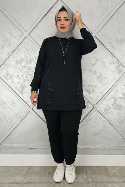 KADIN KOLYE DETAYLI TAŞLI TESETTÜR TUNİK SİYAH - 3XL