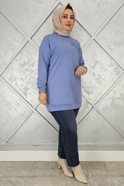 KADIN DİKME ÇİÇEK DETAYLI TESETTÜR TUNİK MAVİ - 3XL