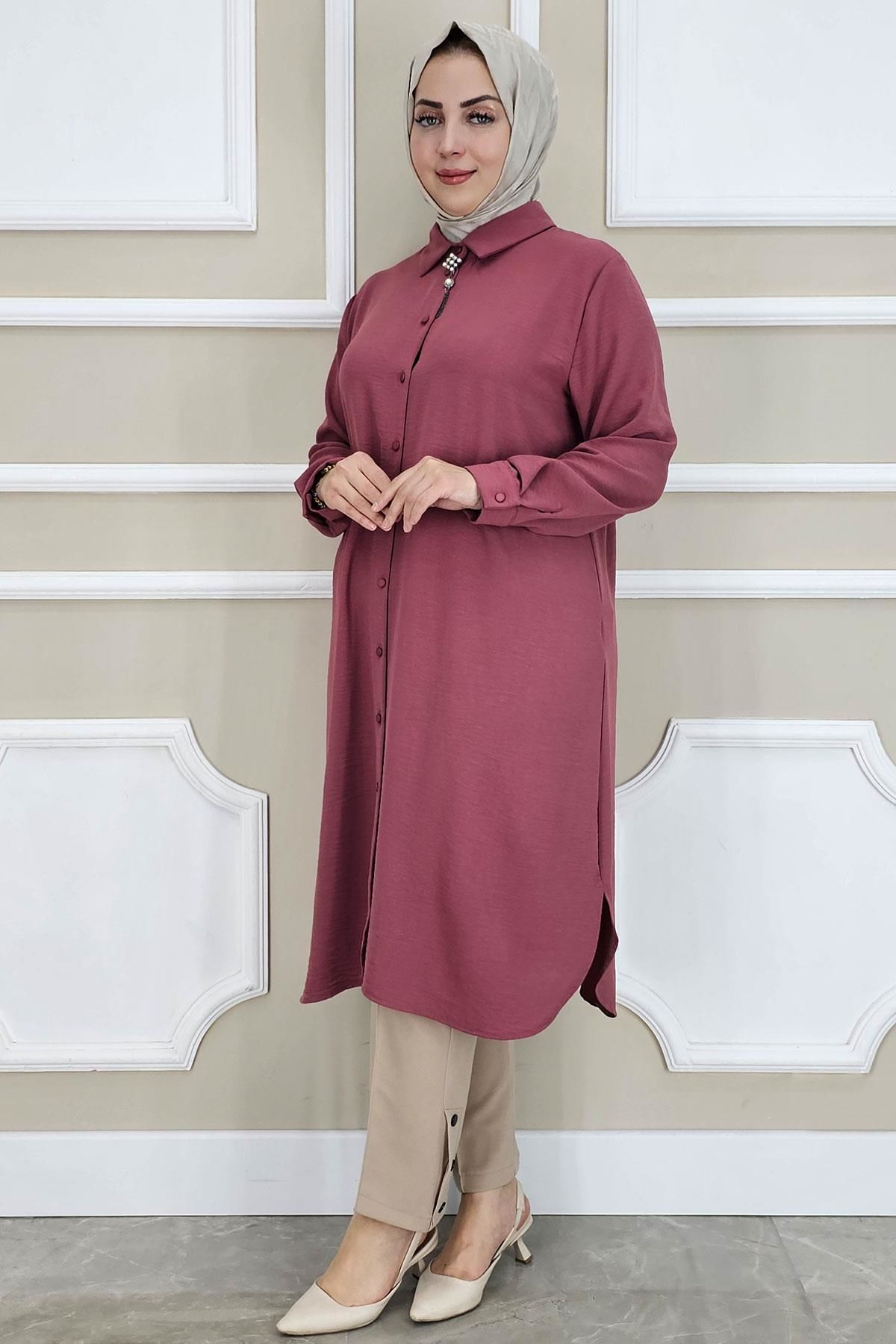 PYS KADIN BROŞLU TESETTÜR GÖMLEK GÜL KURUSU - 2 BEDEN