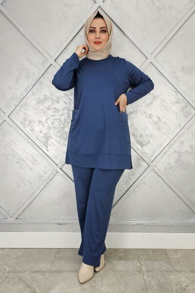KADIN CEBİ TAŞ DETAYLI TESETTÜR TAKIM İNDİGO - L