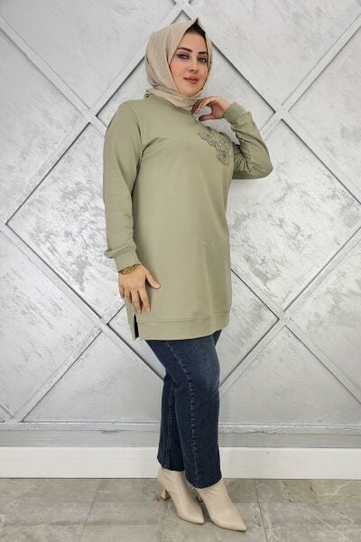 KADIN DİKME ÇİÇEK DETAYLI TESETTÜR TUNİK MİNT YEŞİLİ - L