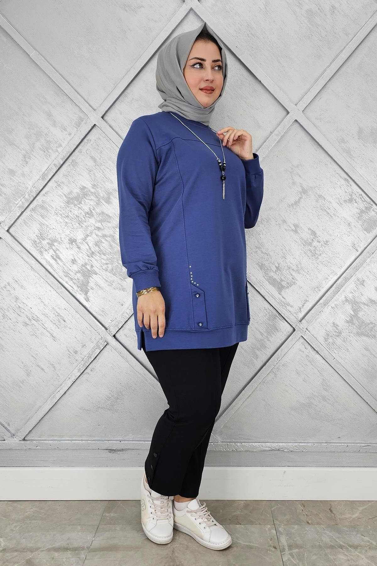 KADIN KOLYE DETAYLI TAŞLI TESETTÜR TUNİK İNDİGO - 3XL
