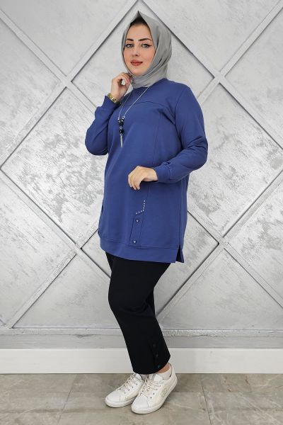 KADIN KOLYE DETAYLI TAŞLI TESETTÜR TUNİK İNDİGO - 3XL