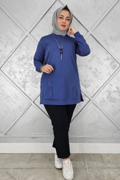 KADIN KOLYE DETAYLI TAŞLI TESETTÜR TUNİK İNDİGO - 3XL