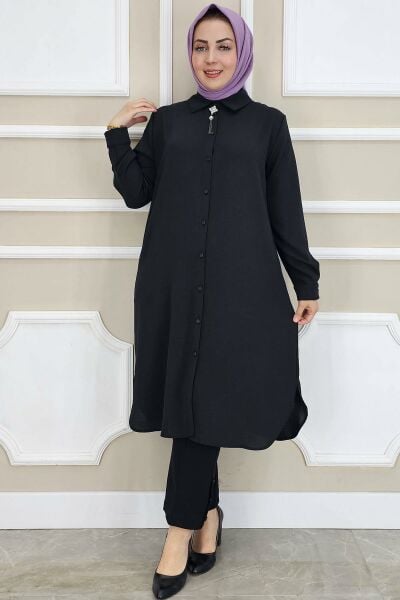 PYS KADIN BROŞLU TESETTÜR GÖMLEK SİYAH - 2 BEDEN
