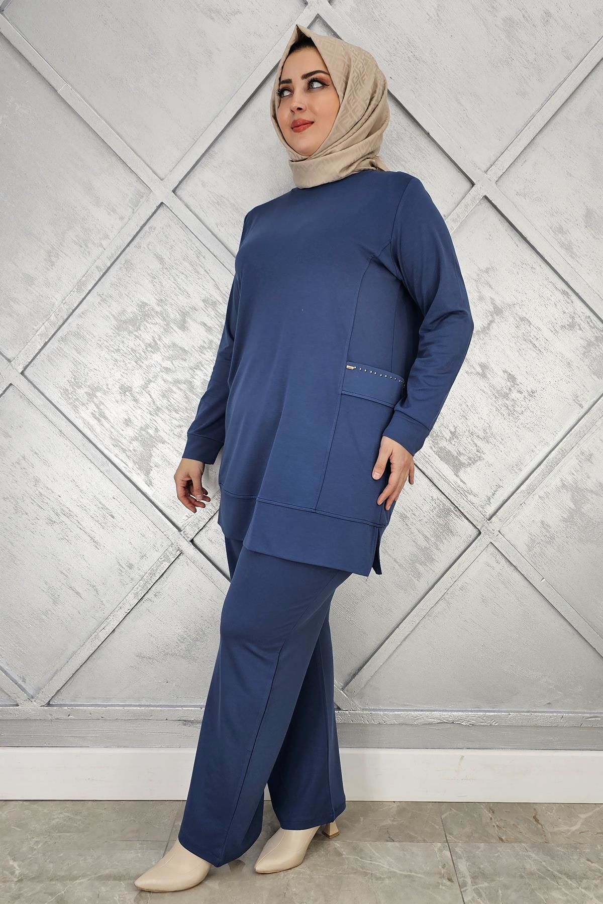 KADIN CEBİ TAŞ DETAYLI TESETTÜR TAKIM İNDİGO - XL