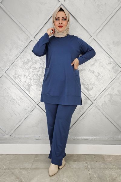KADIN CEBİ TAŞ DETAYLI TESETTÜR TAKIM İNDİGO - XL