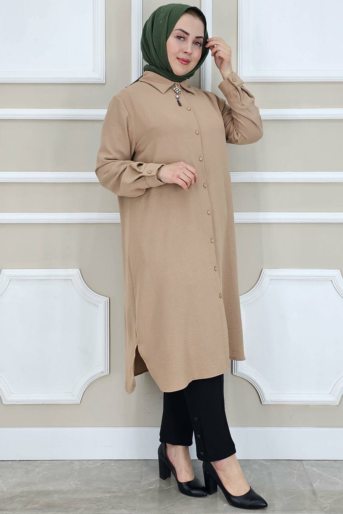 PYS KADIN BROŞLU TESETTÜR GÖMLEK TABA - 5 BEDEN