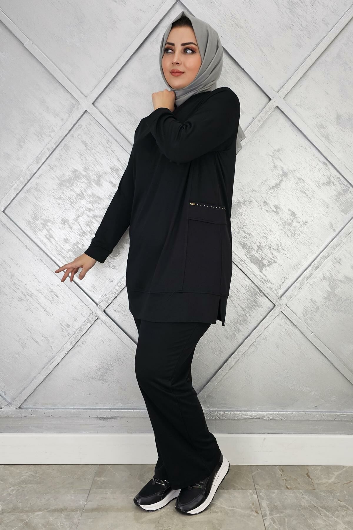 KADIN CEBİ TAŞ DETAYLI TESETTÜR TAKIM SİYAH - XL