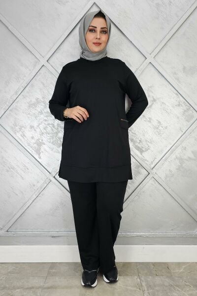 KADIN CEBİ TAŞ DETAYLI TESETTÜR TAKIM SİYAH - XL