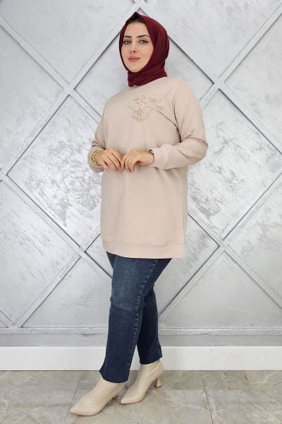 KADIN DİKME ÇİÇEK DETAYLI TESETTÜR TUNİK BEJ - 3XL