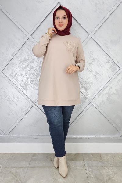 KADIN DİKME ÇİÇEK DETAYLI TESETTÜR TUNİK BEJ - 3XL