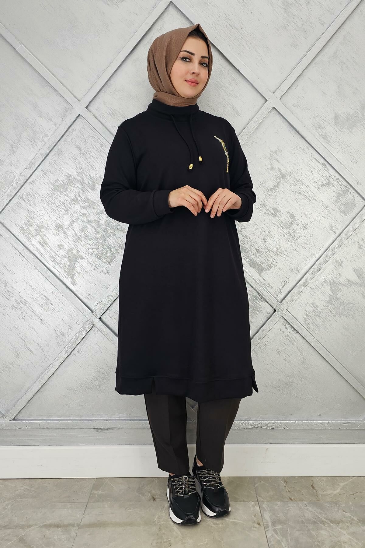 KADIN DİKME DETAYLI TESETTÜR TUNİK SİYAH - 2 BEDEN