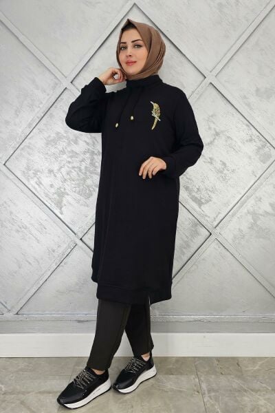 KADIN DİKME DETAYLI TESETTÜR TUNİK SİYAH - 2 BEDEN
