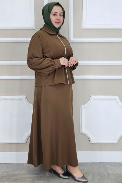 PYS KADIN FERMUARLI BAĞCIKLI TESETTÜR TAKIM KAHVERENGİ - 2 BEDEN