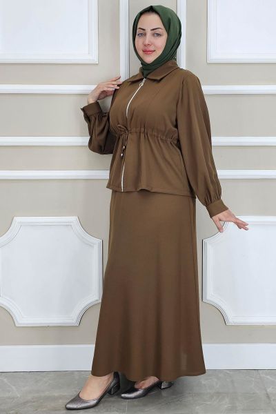 PYS KADIN FERMUARLI BAĞCIKLI TESETTÜR TAKIM KAHVERENGİ - 2 BEDEN