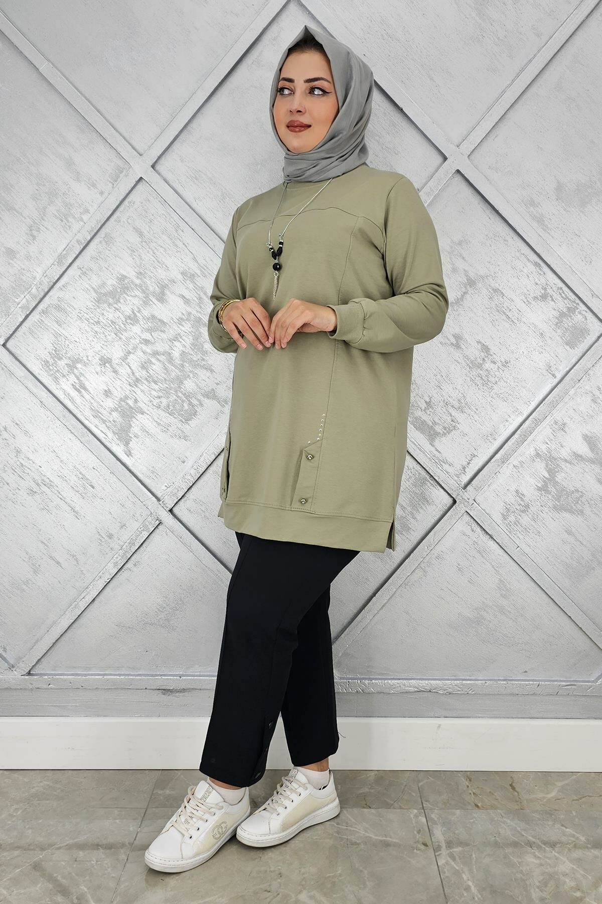 KADIN KOLYE DETAYLI TAŞLI TESETTÜR TUNİK MİNT YEŞİLİ - XL